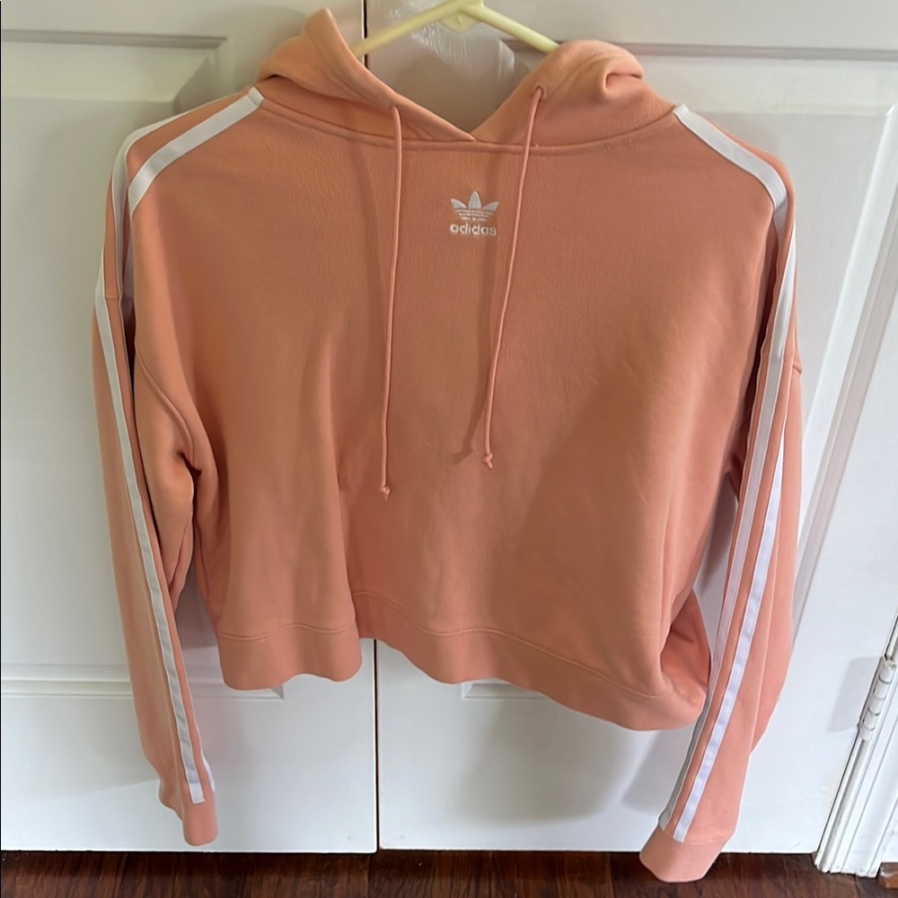Adidas Coral Cropped Long Sleeve Hoodie with White Stripes on Sides. Size M.